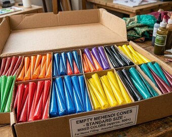 Empty Henna Filling Cones – Assorted Vibrant Colors, Frozen Cellophane Sheets - Pack 0f 50 - 500