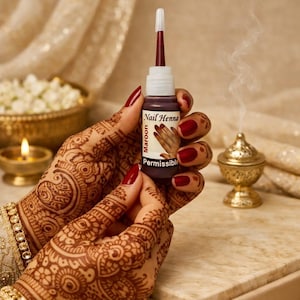 Puede incluir: Una botella de henna para uñas de color granate se sostiene entre manos adornadas con intrincados diseños de henna y esmalte de uñas granate a juego. La botella está etiquetada como "Nail Henna" y "Maroon", con la palabra "Permissible" debajo.