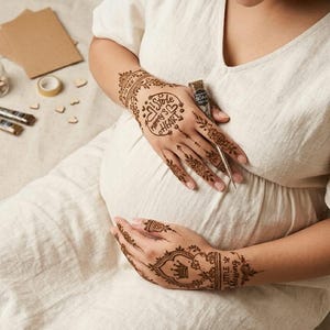 Può includere: Intricati disegni all'henné marrone sulle mani con il testo I Stole Mommy's Heart e Little Blessing. I motivi includono disegni floreali, una corona e bordi decorativi. Un cono applicatore per henné in metallo è tenuto tra le dita.