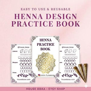 May include: A Henna Design Practice Book with a gold mandala design on the cover, alongside practice sheets for leaves, shapes, and vines. The text reads "Easy to Use & Reusable". Includes henna cones.