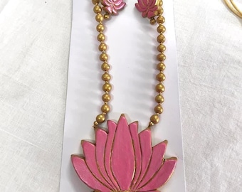 Handmade Terracotta Lotus Jewelry Set - Hand-painted Clay Pendant and Earrings