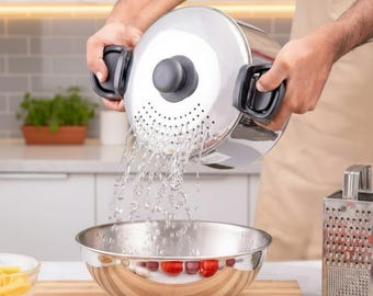 Stainless Steel Rice Strainer Pot – Twist-Lock Lid, All-Stove Compatible