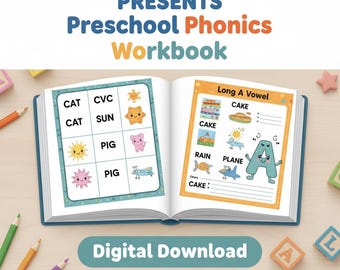 May include: An open workbook with colorful pages for preschool phonics. The left page has CVC word practice with cute illustrations. The right page focuses on the long A vowel with words like cake and plane. The cover reads "PRESENTS Preschool Phonics Workbook".