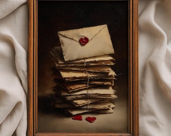 May include: A framed print featuring a stack of aged paper letters tied with twine. The top letter is sealed with a red heart-shaped wax seal. Two additional heart seals rest at the bottom of the stack. The frame is a dark wood.