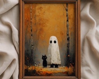 Lámina vintage de fantasma y gato negro para Halloween, arte mural espeluznante y caprichoso para una decoración otoñal melancólica, descarga digital rústica de otoño.