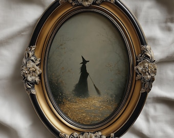 Vintage heks in humeurige herfst bos kunst aan de muur, afdrukbaar voor Halloween Dark Academia Decor, Gothic Spooky digitale download