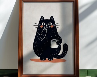 Funny Bathroom Art Print, Black Cat with Toilet Paper, Quirky Vintage Style Wall Decor, Humorous Pet Painting, Printable Digital Download