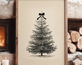 Vintage Christmas Tree Print with Black Bow, Neutral Holiday Wall Art for Minimalist Christmas Decor, Digital Download Printable