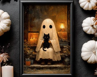 Decoración de pared con fantasma acogedor y gato negro, imprimible vintage de Halloween, decoración gótica oscura estilo academia para el hogar en otoño, descarga instantánea.