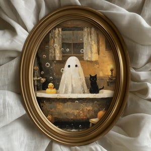 May include: Oval framed painting of a ghost in a bathtub with a rubber duck and a black cat. The artwork has a warm color palette with bubbles and a pumpkin on a small wooden stool. The frame is gold.
