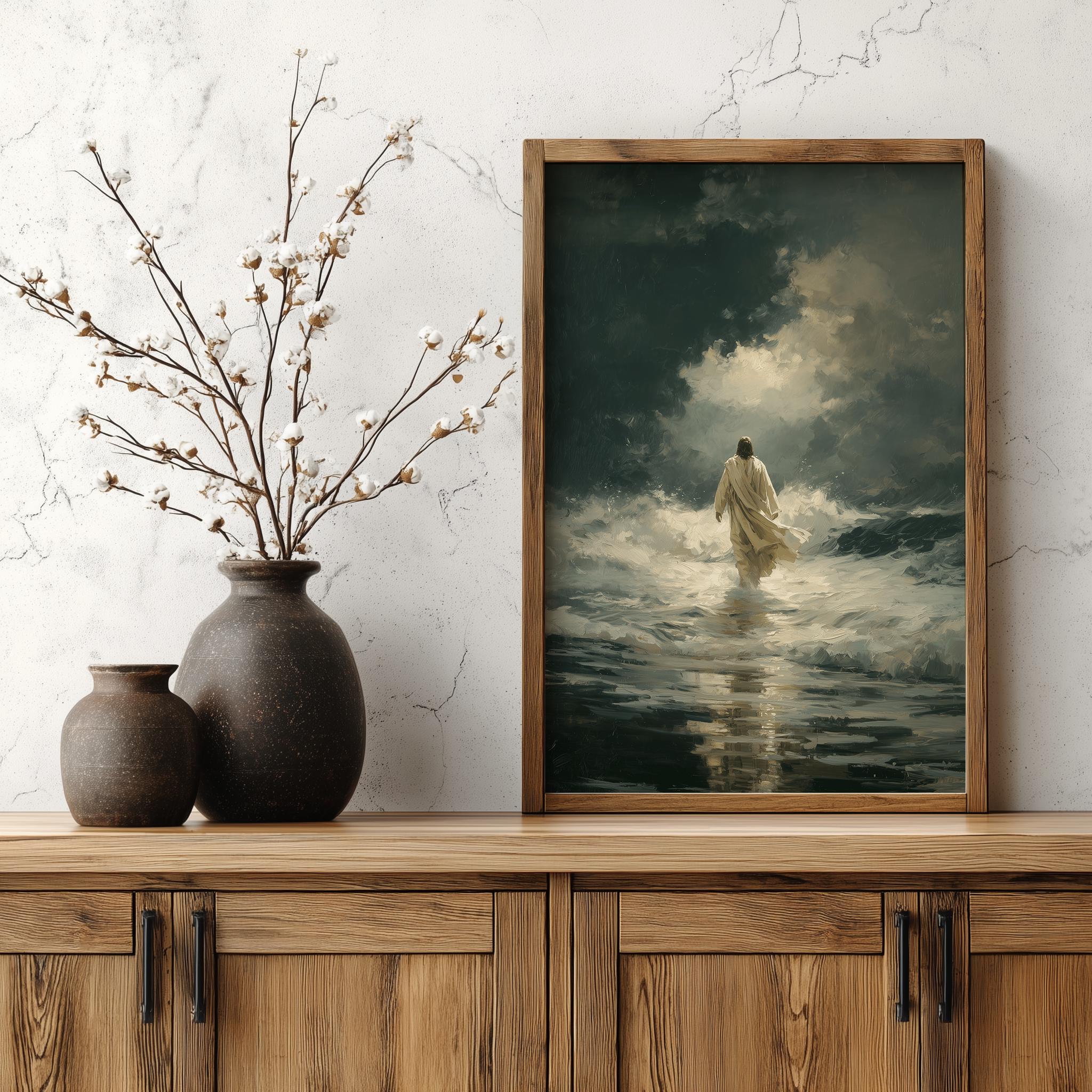 Jesus Christ Walking on Water Wall Art Print, Moody Vintage Bible Oil ...