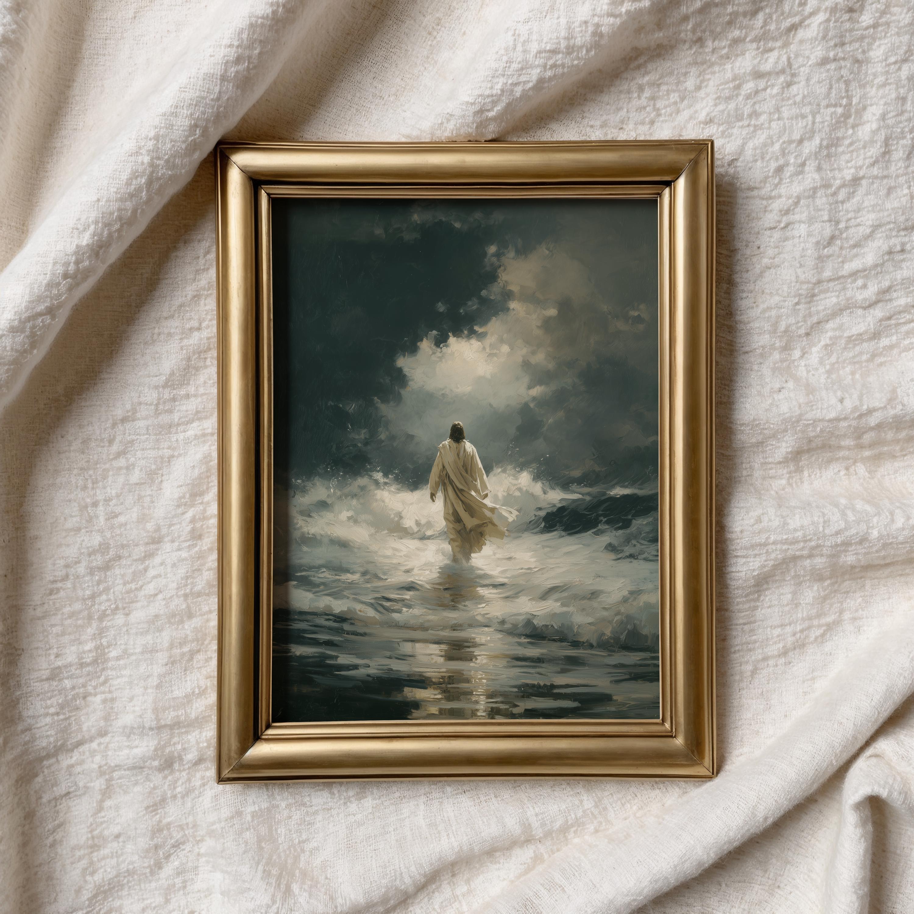 Jesus Christ Walking on Water Wall Art Print, Moody Vintage Bible Oil ...