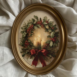 Op de afbeelding: Een ovaalvormige ingelijste prent met een kerstkrans met hulstbladeren, rode bessen en een rode strik. Drie brandende kaarsen staan in het midden. De lijst is goudkleurig en de achtergrond is zacht off-white.