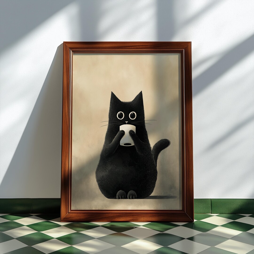 Funny Bathroom Art Print, Black Cat With Toilet Paper, Quirky Vintage ...