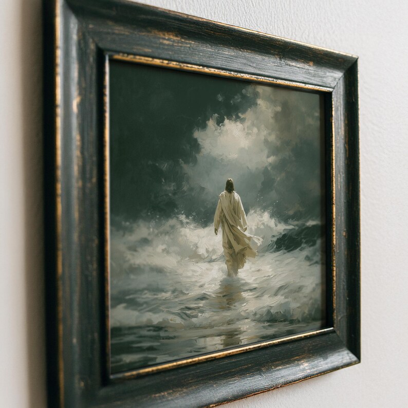 Jesus Christ Walking on Water Wall Art Print, Moody Vintage Bible Oil ...
