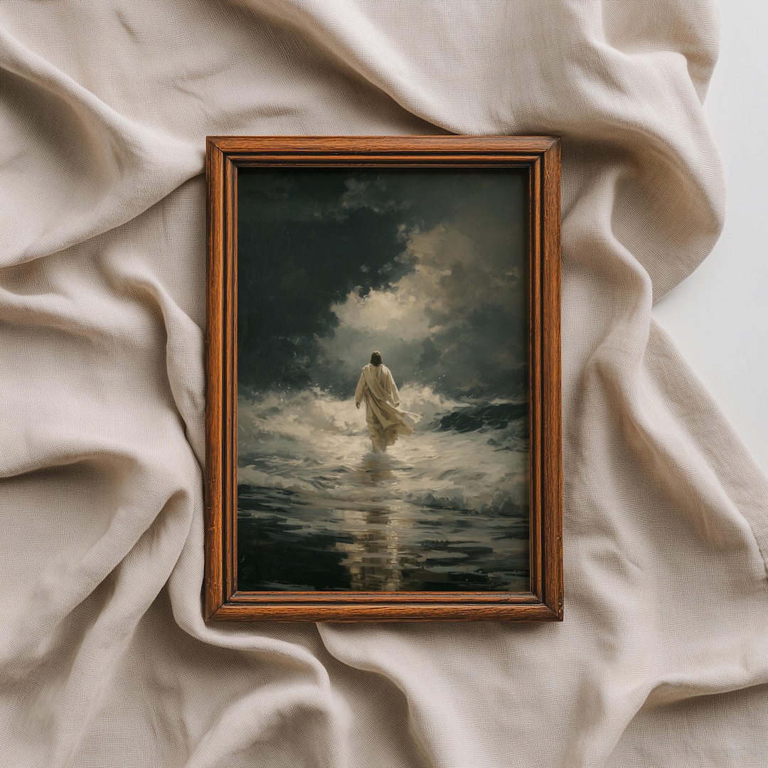 Jesus Christ Walking on Water Wall Art Print, Moody Vintage Bible Oil ...