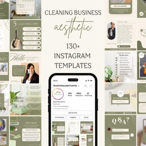 May include: Instagram templates for a cleaning business, with an aesthetic design. The image shows a phone displaying a profile, plus templates with cleaning tips, checklists, and business details. The colour scheme is mainly green and white.