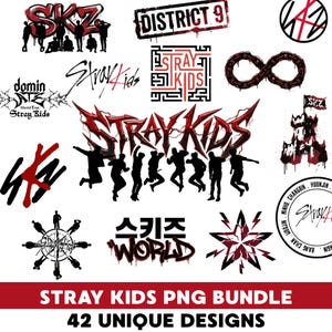 May include: A collection of Stray Kids PNG designs in red and black, including logos, text, and silhouettes of people jumping. The text "STRAY KIDS PNG BUNDLE" and "42 UNIQUE DESIGNS" are displayed at the bottom.