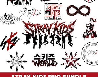 Op de afbeelding: Een verzameling Stray Kids PNG-ontwerpen in rood en zwart, inclusief logo's, tekst en silhouetten van springende mensen. De tekst "STRAY KIDS PNG BUNDLE" en "42 UNIQUE DESIGNS" staan onderaan.