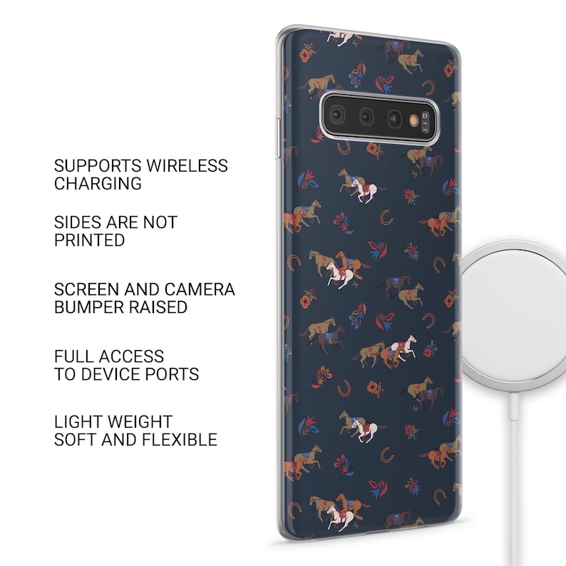 May include: A navy blue phone case with a repeating pattern of horses, horseshoes, and floral elements in shades of brown, white, and red. The case is shown with a wireless charger. The text on the side says: Supports Wireless Charging, Sides Are Not Printed, Screen and Camera Bumper Raised, Full Access to Device Ports, Light Weight Soft and Flexible.