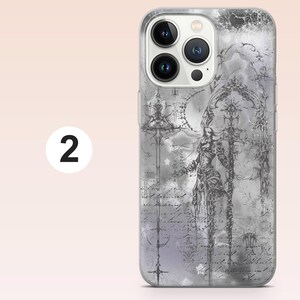May include: A clear smartphone case featuring a detailed grayscale illustration of a figure holding a tall staff, surrounded by intricate gothic-style patterns, swirling smoke-like textures, and faint cursive script text across the entire surface.