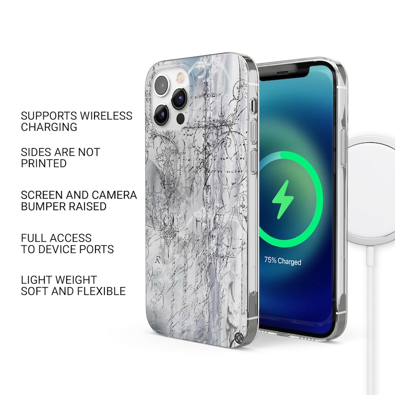 May include: A clear phone case featuring a detailed black and white gothic-style illustration of crosses and intricate linework. The case has a raised camera bumper and cutouts for device ports. Text on the image lists features including wireless charging support, unprinted sides, and a flexible, lightweight design.