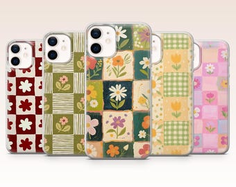 Patchwork Phone Case Floral Checker Garden Cover for iPhone 17, 16, 15, 14, 13, 12, Samsung S26, S25, S24, A17, A56, Pixel 10 Pro, 9A, 8, 7A