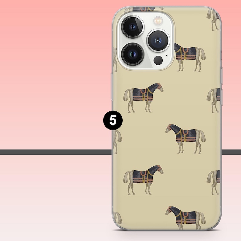May include: A phone case with a repeating pattern of horses. Each horse is depicted in a watercolor style, wearing a black and gold blanket. The background is a light beige color.