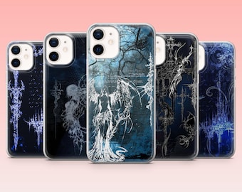 May include: A collection of five phone cases with dark blue and white gothic-style designs. Each case features a different illustration, including angels, crosses, and architectural elements. The cases have a clear, protective outer shell.