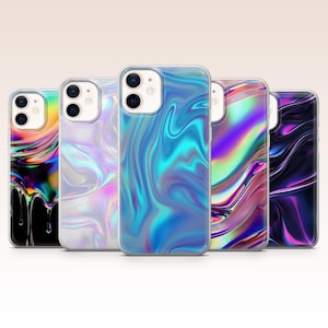 May include: Five phone cases with iridescent, swirling designs in shades of blue, purple, and green. The cases have a glossy finish and a clear border, showcasing the phone's camera and buttons. The overall theme is abstract and modern.