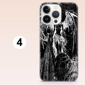 May include: A smartphone case featuring a high-contrast black and white graphic design. The artwork displays a tall gothic cathedral spire, a winged figure with flowing hair, and a smaller figure with intricate wings, all set against a dark background.