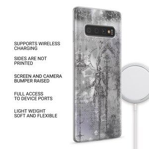 May include: A phone case featuring a grayscale illustration of a figure holding a sword, surrounded by script and abstract patterns. The case has a raised camera bumper and supports wireless charging. Text includes: SUPPORTS WIRELESS CHARGING, SIDES ARE NOT PRINTED, SCREEN AND CAMERA BUMPER RAISED, FULL ACCESS TO DEVICE PORTS, LIGHT WEIGHT SOFT AND FLEXIBLE.