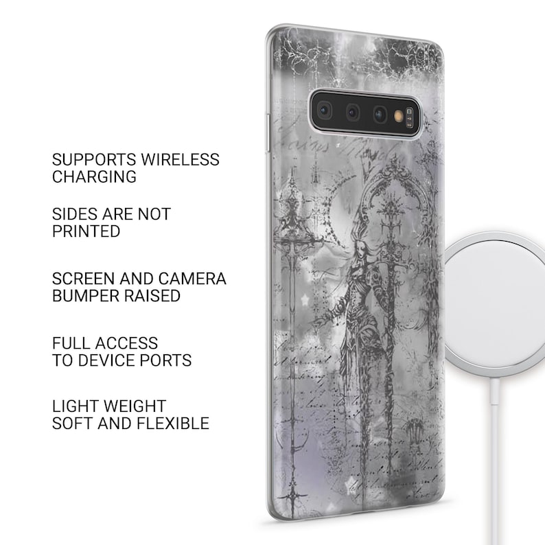 May include: A phone case featuring a grayscale illustration of a figure holding a sword, surrounded by script and abstract patterns. The case has a raised camera bumper and supports wireless charging. Text includes: SUPPORTS WIRELESS CHARGING, SIDES ARE NOT PRINTED, SCREEN AND CAMERA BUMPER RAISED, FULL ACCESS TO DEVICE PORTS, LIGHT WEIGHT SOFT AND FLEXIBLE.