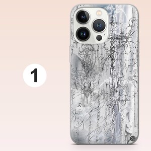 May include: A clear smartphone case featuring a complex, black, ink-like graphic design with intricate, sharp, gothic-style linework, swirling patterns, and abstract calligraphic elements layered over a soft, light gray, cloudy background.