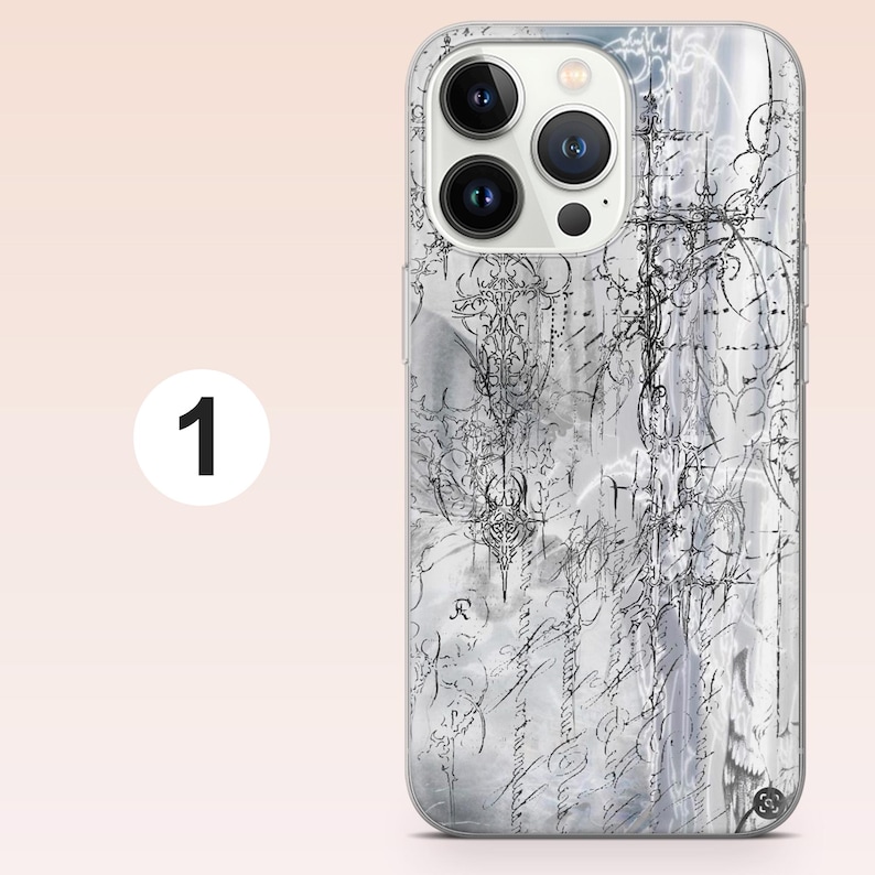 May include: A clear smartphone case featuring a complex, black, ink-like graphic design with intricate, sharp, gothic-style linework, swirling patterns, and abstract calligraphic elements layered over a soft, light gray, cloudy background.