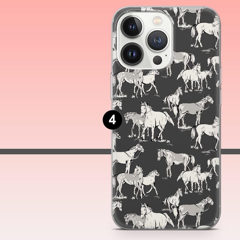 May include: A clear phone case featuring a repeating pattern of white horses on a dark gray background. The horses are depicted in various poses, creating a dynamic and artistic design. The case has a glossy finish.