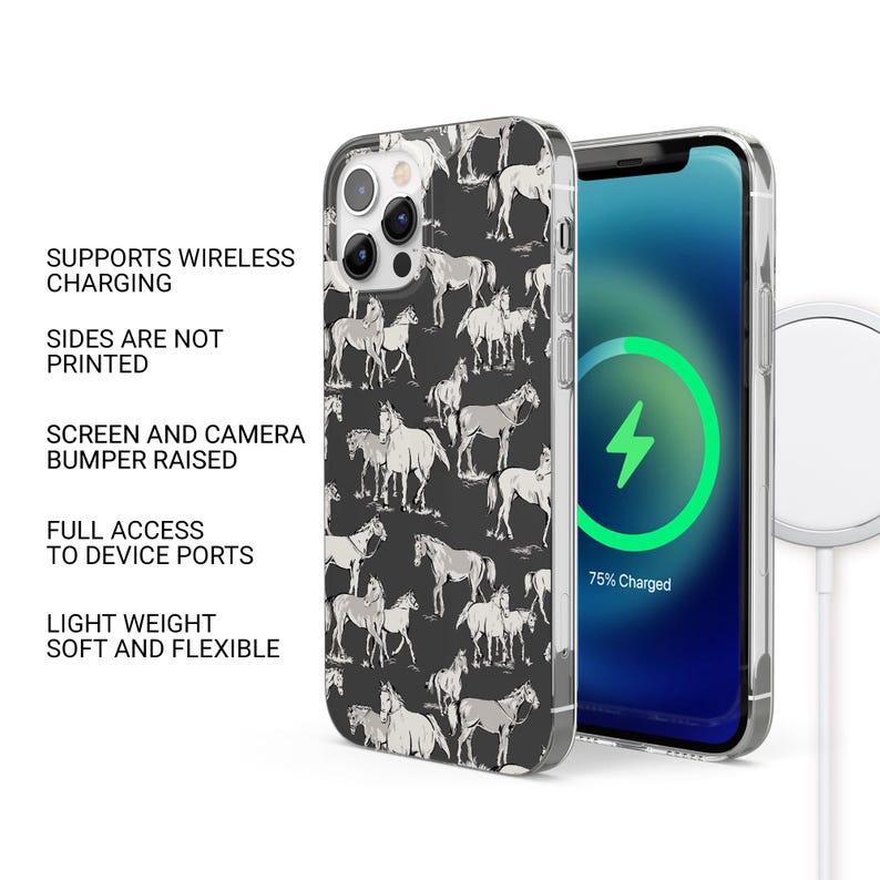 May include: A phone case with a black background and a pattern of white and gray horses. The phone case is next to a phone with a charging screen. The case supports wireless charging and has full access to device ports.