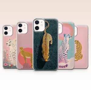 May include: A collection of five phone cases featuring cheetah designs. The cases showcase various artistic depictions of cheetahs, including full body illustrations and close-ups, with backgrounds in pink, teal, and dark blue.