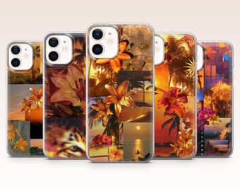 Tropical Phone Case Sunset Floral Collage Cover for iPhone 17, 16, 15, 14, 13, 12, Samsung S26, S25, S24, A17, A56, Pixel 10 Pro XL, 9, 8, 7