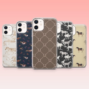 May include: A collection of five phone cases with various horse-themed designs. The cases feature patterns of horses, horseshoes, and equestrian motifs in shades of brown, navy, and cream. The cases are displayed against a pink background.