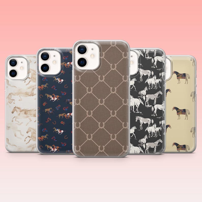 May include: A collection of five phone cases with various horse-themed designs. The cases feature patterns of horses, horseshoes, and equestrian motifs in shades of brown, navy, and cream. The cases are displayed against a pink background.