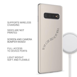 May include: A beige phone case with the text "YOU CAN AND YOU WILL" in a curved, black font. The case is shown with a wireless charger. Features include wireless charging support, raised screen and camera bumper, and full access to device ports.