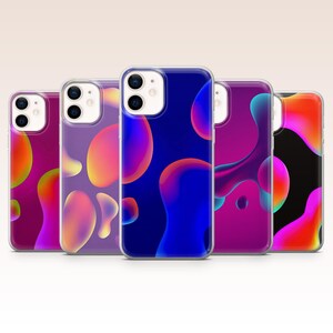 May include: Five smartphone cases arranged in a row, each featuring a distinct liquid-like abstract pattern with vibrant gradients of blue, purple, pink, orange, and red. The cases have a clear border and a dual-lens camera cutout at the top left.