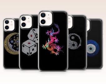 Rhinestone Phone Case Dragon Yin Yang Evil Eye Cover for iPhone 17, 16, 15, 14, 13, 12, Samsung S26, S25, S24, A17, A56, Pixel 10, 9A, 8, 7A
