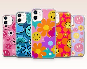 Smiley Phone Case Groovy Daisy Retro Cover for iPhone 17, 16, 15, 14, 13, 12, Samsung S26, S25, S24, A17, A56, Pixel 10 Pro XL, 9A, 8Pro, 7A