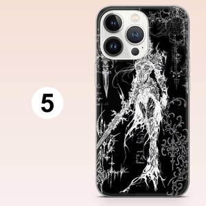 May include: A smartphone case featuring a high-contrast black and white graphic design. The artwork depicts a stylized, intricate figure with sharp, jagged lines and ornate, swirling patterns reminiscent of gothic calligraphy and dark fantasy art.