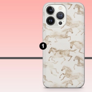 May include: A phone case featuring a repeating pattern of watercolor-style running horses in shades of beige and tan. The case has a clear background and a glossy finish, with a camera cutout.