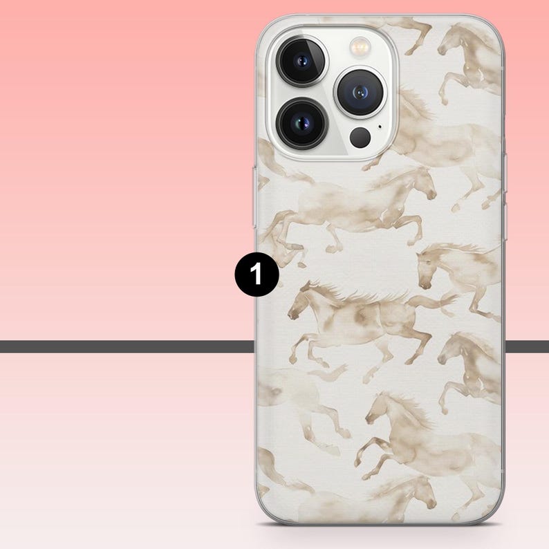 May include: A phone case featuring a repeating pattern of watercolor-style running horses in shades of beige and tan. The case has a clear background and a glossy finish, with a camera cutout.