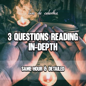 Può includere: Immagine che promuove un servizio di lettura dei tarocchi. Il testo recita "3 QUESTIONS READING IN-DEPTH" e "SAME HOUR & DETAILED". L'immagine presenta mani, candele e un mazzo di carte, con le parole "luna de celentha" in alto.
