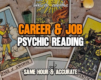 May include: An image featuring tarot cards with the text "CAREER & JOB PSYCHIC READING" in orange and white. The cards include illustrations of figures and symbols, with additional text reading "SAME HOUR & ACCURATE". The background includes decorative elements.
